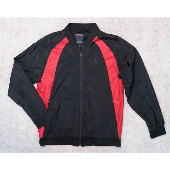 Nike Jordan Black Red Varsity Bomber Jacket Windbreaker Full Zip Mens Size L - Picture 1 of 13